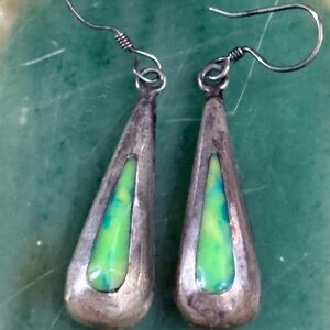 Sterling Silver and Green Enamel Teardrop Earrings